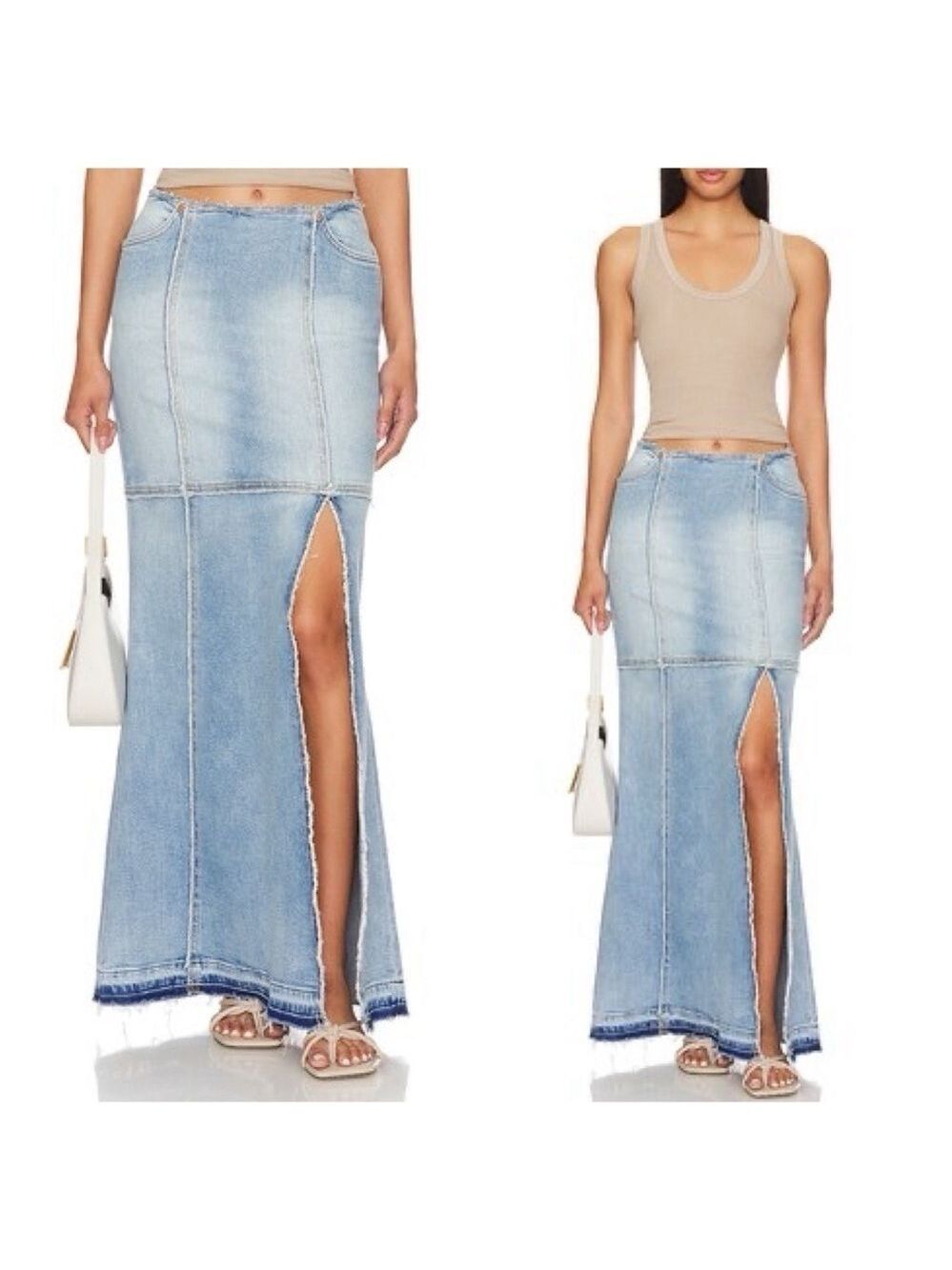 RE/DONE Revolve Column Frayed Hem Stretch Denim Maxi Skirt with Knee Front Slit